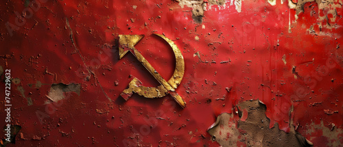 A close-up view of a distressed hammer and sickle Soviet emblem on a red, peeling paint background photo