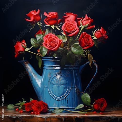 Crimson Blossoms and Azure Elegance: A Captivating Composition of Red Roses and a Blue Pot photo