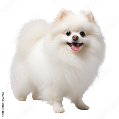 Pomeranian dog standing isolated on a transparent background, looking friendly and playful. © kitinut