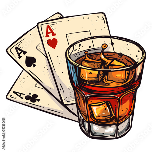 Whisky and 4 Ace Play Cards. glass of cola with ice cubes, Vector Illustration
