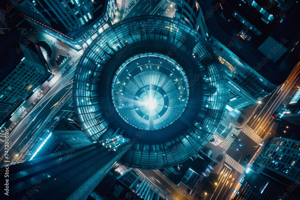 An abstract view from the top of a circular glass building at night. An abstract view from the top of a circular glass building at night.