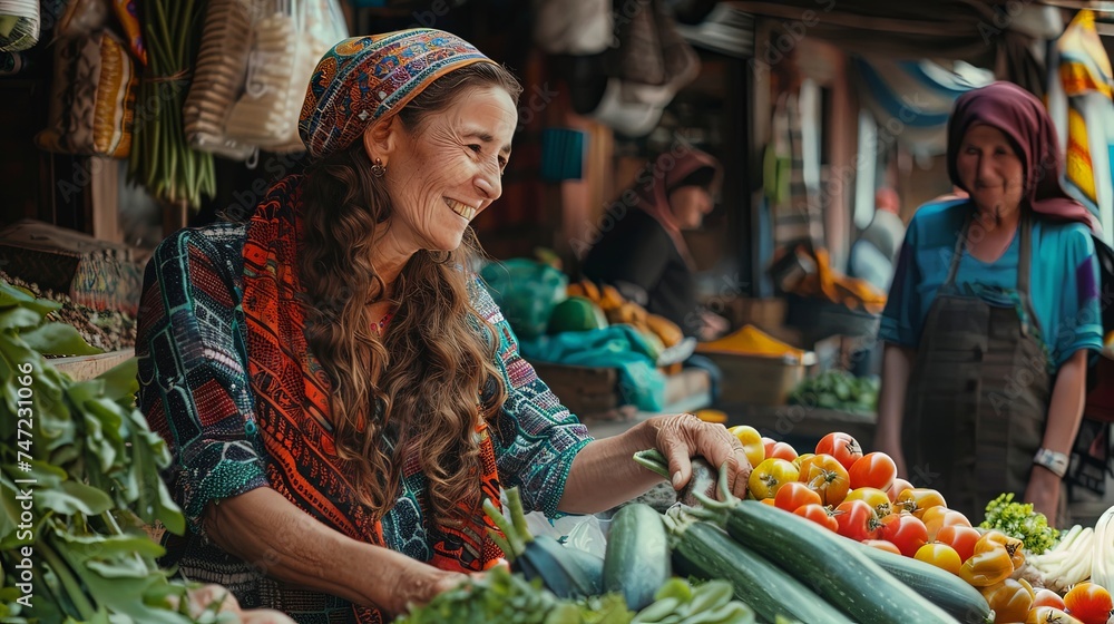 Young woman at traditional local bazaar vegetable market on the street buying