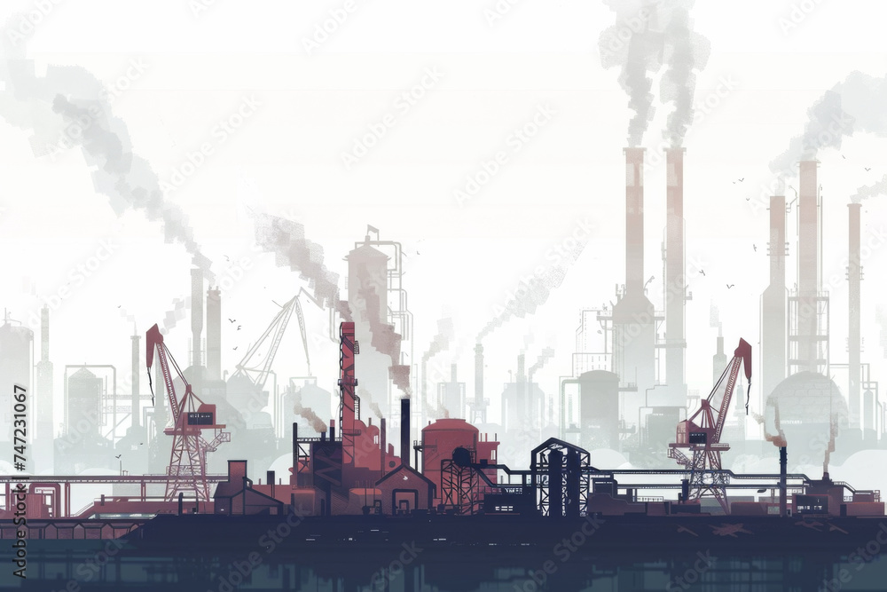 Industrial city illustration with large cranes and factory buildings on white background.