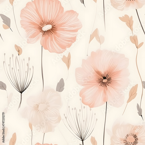Floral seamless pattern with abstract beige and pink flowers. Pastel watercolor backgound. Minimal spring and women's day greeting card