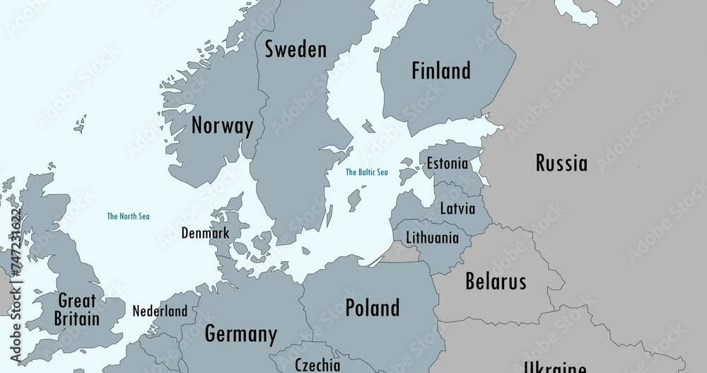 NATO and Russia on Europe map. Animated illustration.