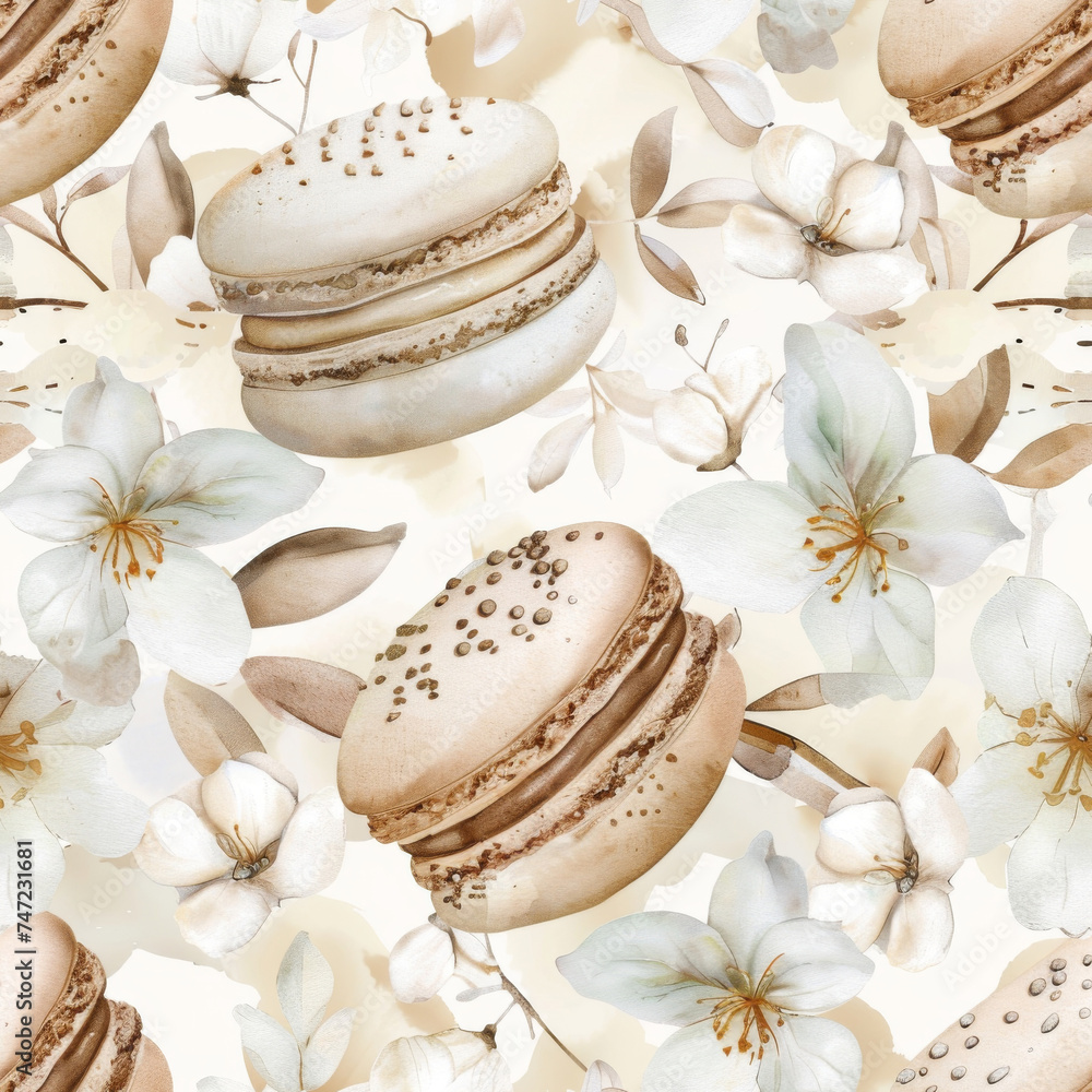 Beige Macarons and White Flowers Repeating Seamless Pattern, Sweet Desserts, Generative AI Beige Macarons and White Flowers Repeating Seamless Pattern, Sweet Desserts, Generative AI