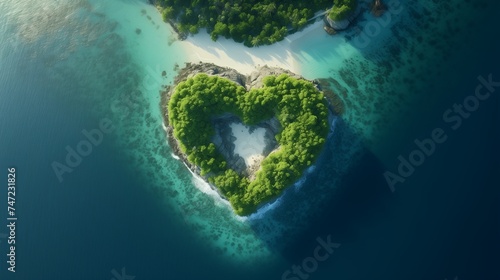 A mesmerizing aerial perspective materializes, showcasing the enchanting beauty of a tropical heart-shaped island.  © Wajid