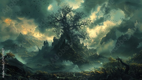 A mesmerizing surrealism art background that seamlessly merges the enchanting landscapes of Middle Earth with the spine-chilling atmosphere of Horror © taelefoto