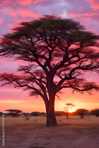 Transcendent Beauty of a Lone Acacia Tree Under the Enchanting Dusk Sky