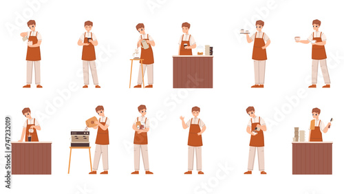 Cartoon barista working. Young male character doing coffee, pours grains into coffee maker. Flat barmen, cafe worker in different poses snugly vector person