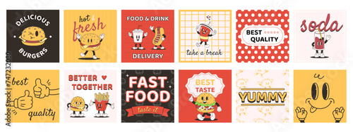 Fast food retro posters. Cute drinks characters, funny groovy burger, hot dog and potato fries. Cafe or restaurant delivery, snugly vector cards design