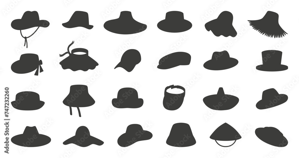 Fototapeta premium Hats silhouettes. Male, female and unisex hat. Seasonal head accessories, for travel, agriculture farm work and rest, neoteric vector icons