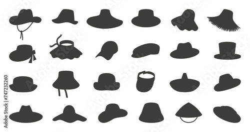 Hats silhouettes. Male  female and unisex hat. Seasonal head accessories  for travel  agriculture farm work and rest  neoteric vector icons