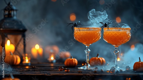 Pumpkin Spice Season Two Glasses of Orange Drink with Black Spider Webs Generative AI