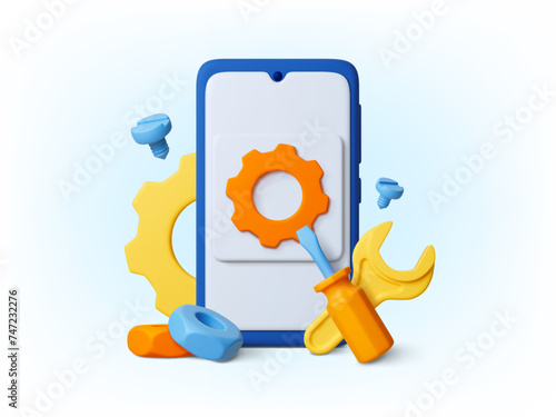Smartphone repair service 3d style icon. Mobile phone with gear on screen. Upgrade app or phone, technical device support pithy vector concept