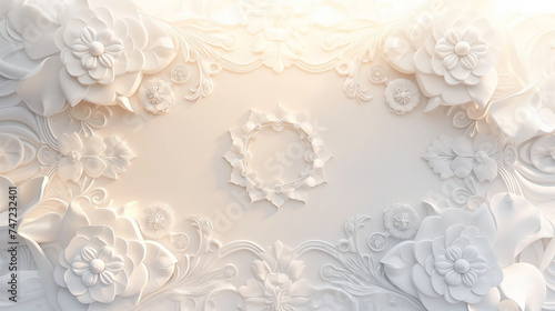 3d floral frame, white paper flowers background.