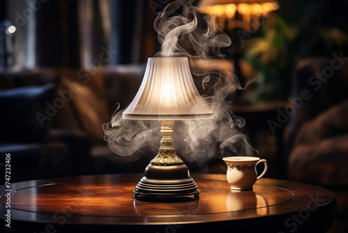 Vintage lamp with a lampshade and a cup on a table in clouds of steam. Generated by artificial intelligence photo