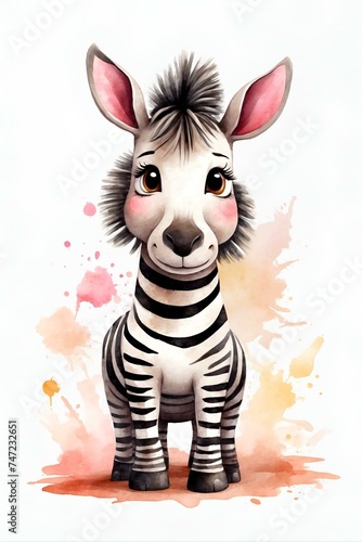 This playful image features an endearing zebra character with exaggerated features against a watercolor background with colorful speckles