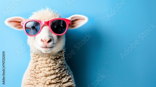 Quirky sheep wearing sunglasses on pastel background with space for text   playful animal concept © Ilja