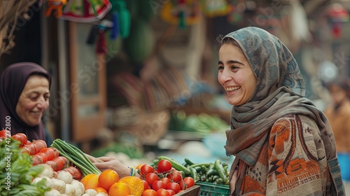 Portrait of young woman an local vegetable bazaar market  on the stree buying products photo