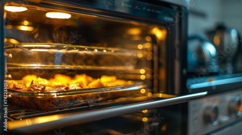 The clear glass door of a convection oven giving a glimpse of a bubbling cerole inside.
