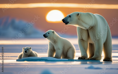 polar bear family at sunset