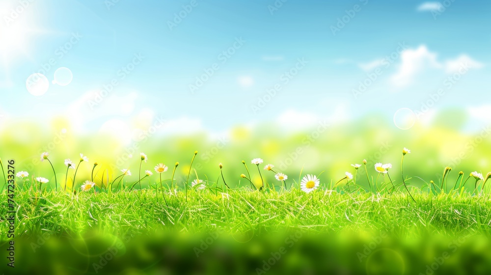 Obraz premium Vibrant spring flower meadow under blue sky with blurred background for text copy space