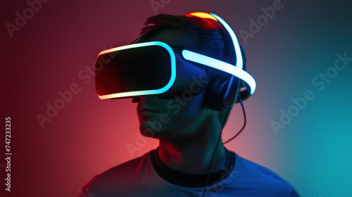 Tech-savvy man engaged in virtual reality experience with colorful backlighting despite face obscured