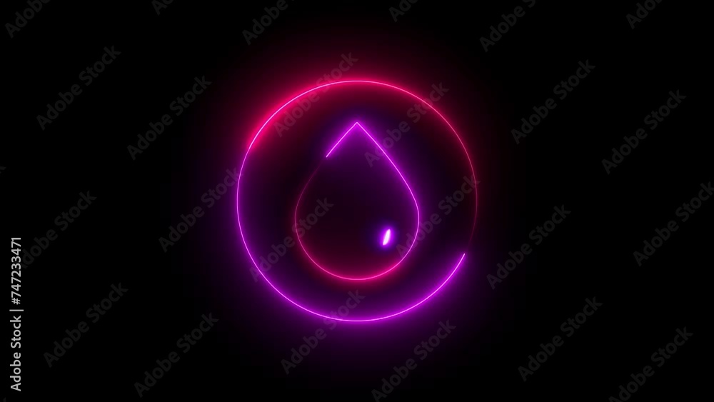 Blue and pink color glowing neon line Oil drop icon isolated on black background. 4k motion background. Blue and pink color glowing neon line Oil drop icon isolated on black background. 4k motion background.