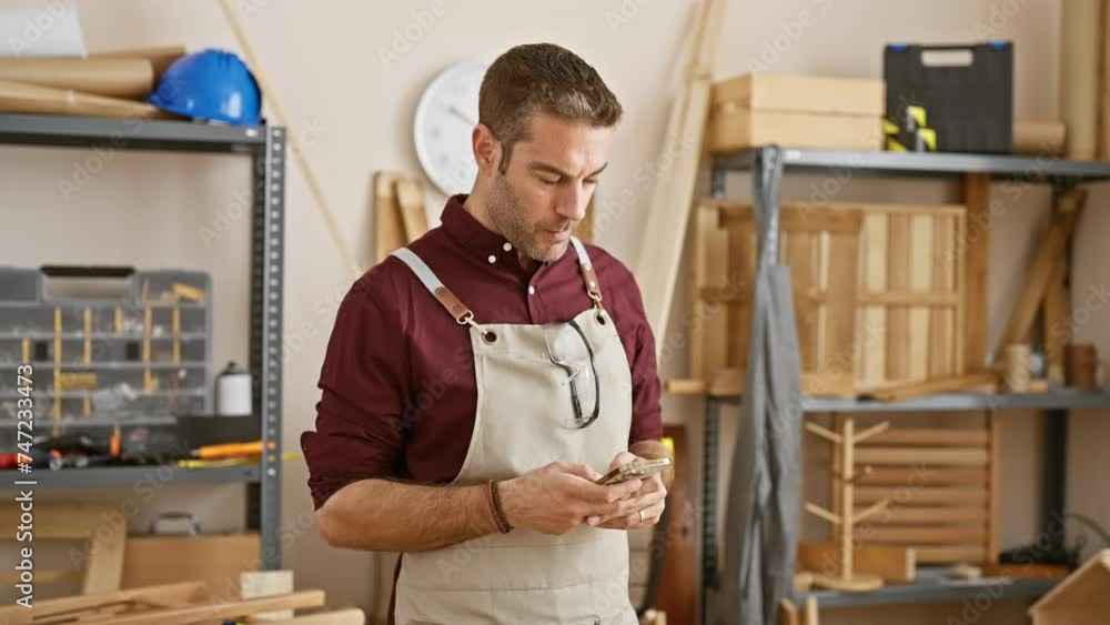 Handsome hispanic man with beard wearing apron in carpentry workshop using smartphone Handsome hispanic man with beard wearing apron in carpentry workshop using smartphone