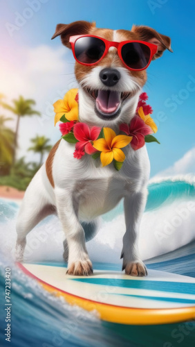 Funny Jack russell terrier dog wearing a hawaiian wreath and red sunglasses on surfboard in the ocean. Dog traveling concept © Natalia Garidueva