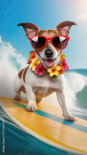 cute jack russell dog on surfboard wearing sunglasses and tropical flowers. Dog traveling concept © Natalia Garidueva