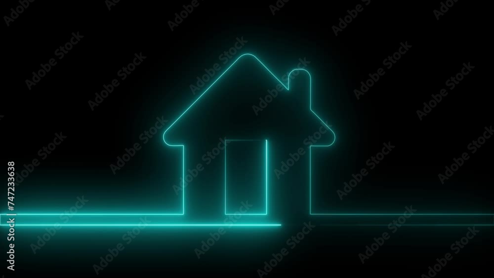 Glowing neon line Map pointer with house icon isolated on black background. Home location marker symbol. Glowing neon line Map pointer with house icon isolated on black background. Home location marker symbol.
