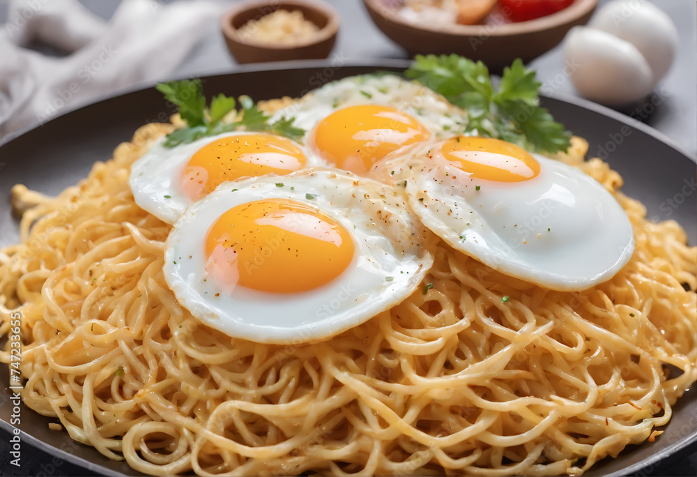 Fried noodles with extra fried egg generative AI Fried noodles with extra fried egg generative AI