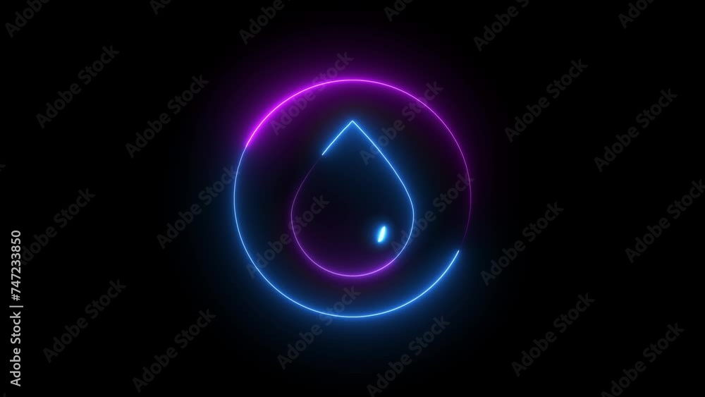 Blue and pink color glowing neon line Oil drop icon isolated on black background. 4k motion background. Blue and pink color glowing neon line Oil drop icon isolated on black background. 4k motion background.