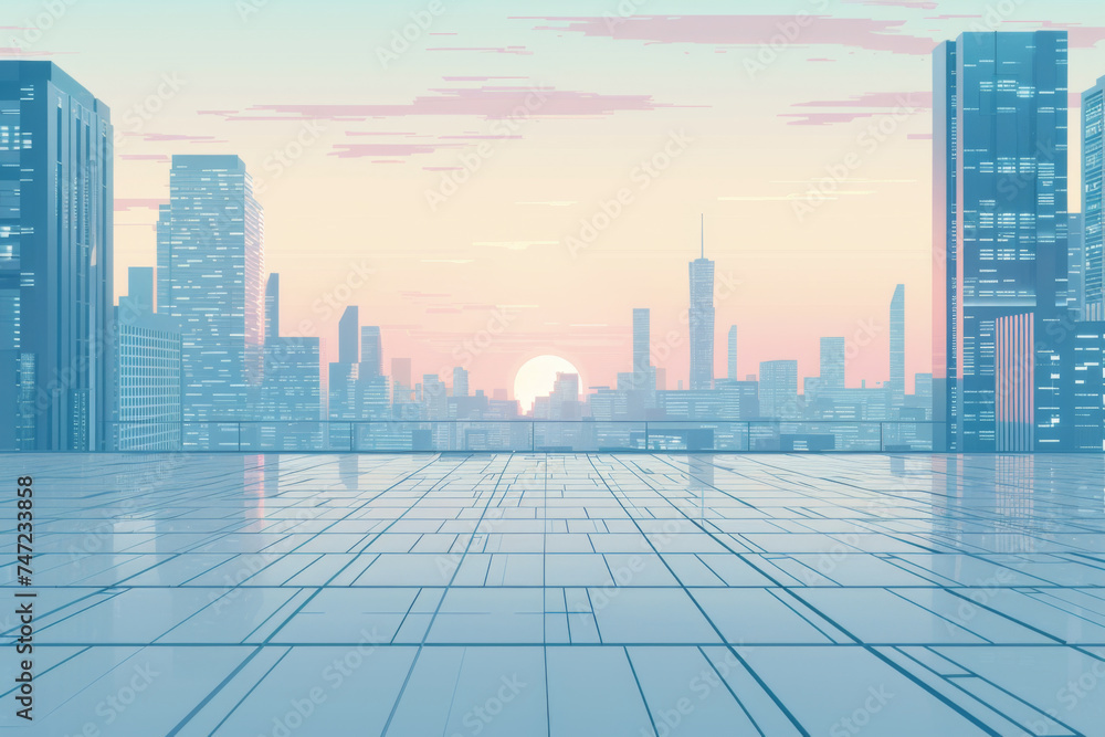 White floor and modern city scene with a sunrise.