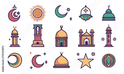 ramadan vector flat color icon bundle set for ramadan kareem event muslim new year