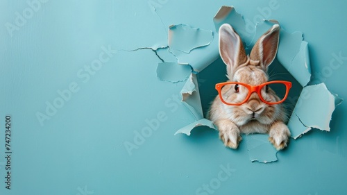 Whimsical image of a smart-looking rabbit with glasses popping out of a torn blue paper, invoking curiosity and humor © Fxquadro