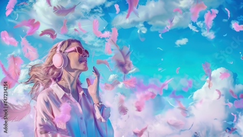 A whimsical scene with a woman surrounded by pink feathers as she seems to float in the vast blue sky, invoking a dreamy, ethereal atmosphere