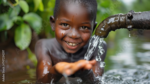 African children enjoy clean water and stretches out his hands to tank with fountain of clean water, embracing the gift of life and hope Generative AI photo