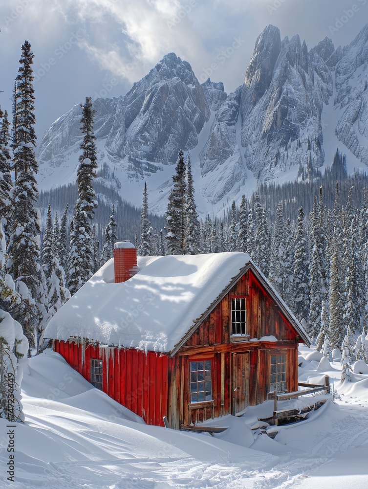 Snow-Covered Cabin in the Mountains