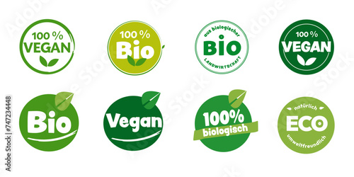 Bio- und Vegan - biologische Landwirtschaft - Sticker -  acht Stück - rund  - mit Beschriftung in deutsch