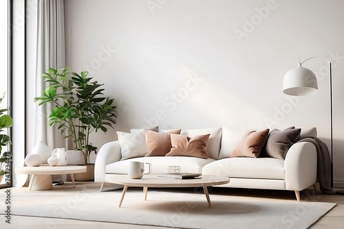 Modern living room interior with white sofa and plant.