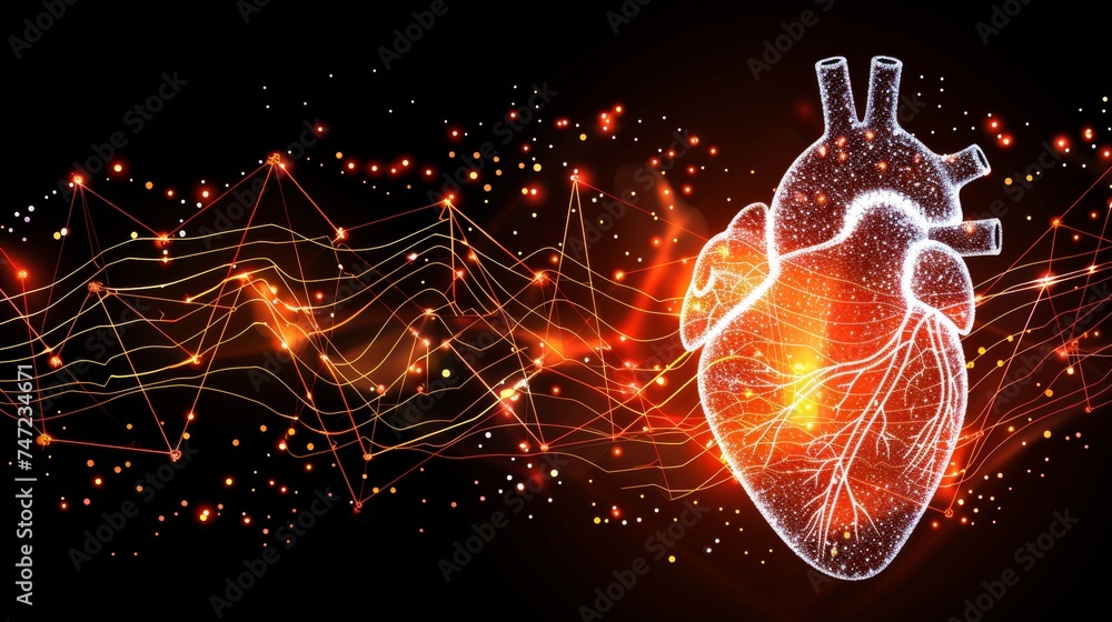 Red digital pulse line in abstract heart shape on black backgroundhealth, cardiology concept design. Red digital pulse line in abstract heart shape on black backgroundhealth, cardiology concept design.