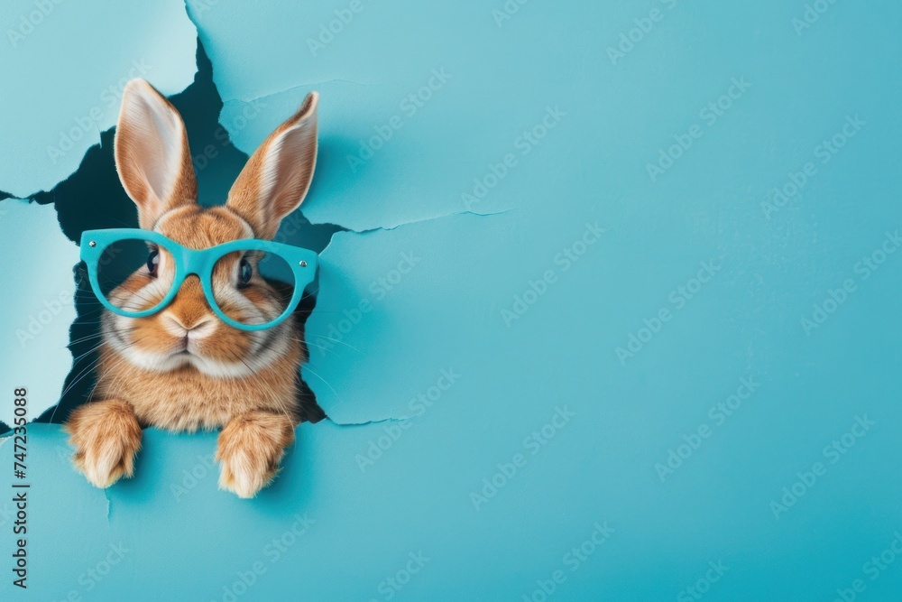 A cute bunny wearing stylish blue glasses is peeking through a torn blue paper, giving a cheeky yet adorable look - obrazy, fototapety, plakaty 
