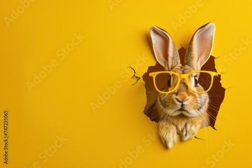 This captivating rabbit dons yellow glasses, perfectly matching the vibrant yellow background it's emerging from
