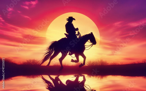 Silhouette of Cowboy Riding Horse at Vibrant Sunset