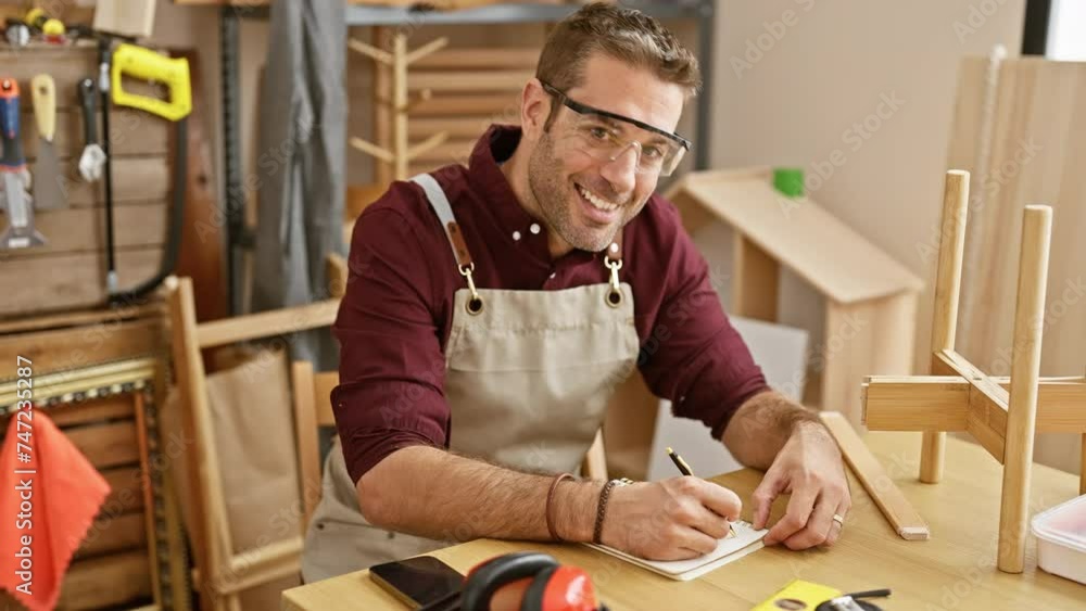 Smiling carpenter in safety glasses writing in workshop Smiling carpenter in safety glasses writing in workshop