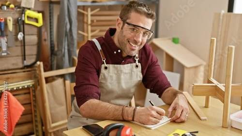 Smiling carpenter in safety glasses writing in workshop photo