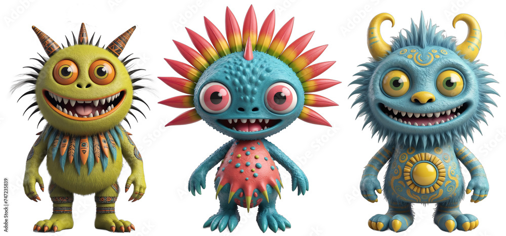 Colorful funny smiling small monsters with big eyes, sharp fangs and colored feathers, isolated on transparent background Colorful funny smiling small monsters with big eyes, sharp fangs and colored feathers, isolated on transparent background